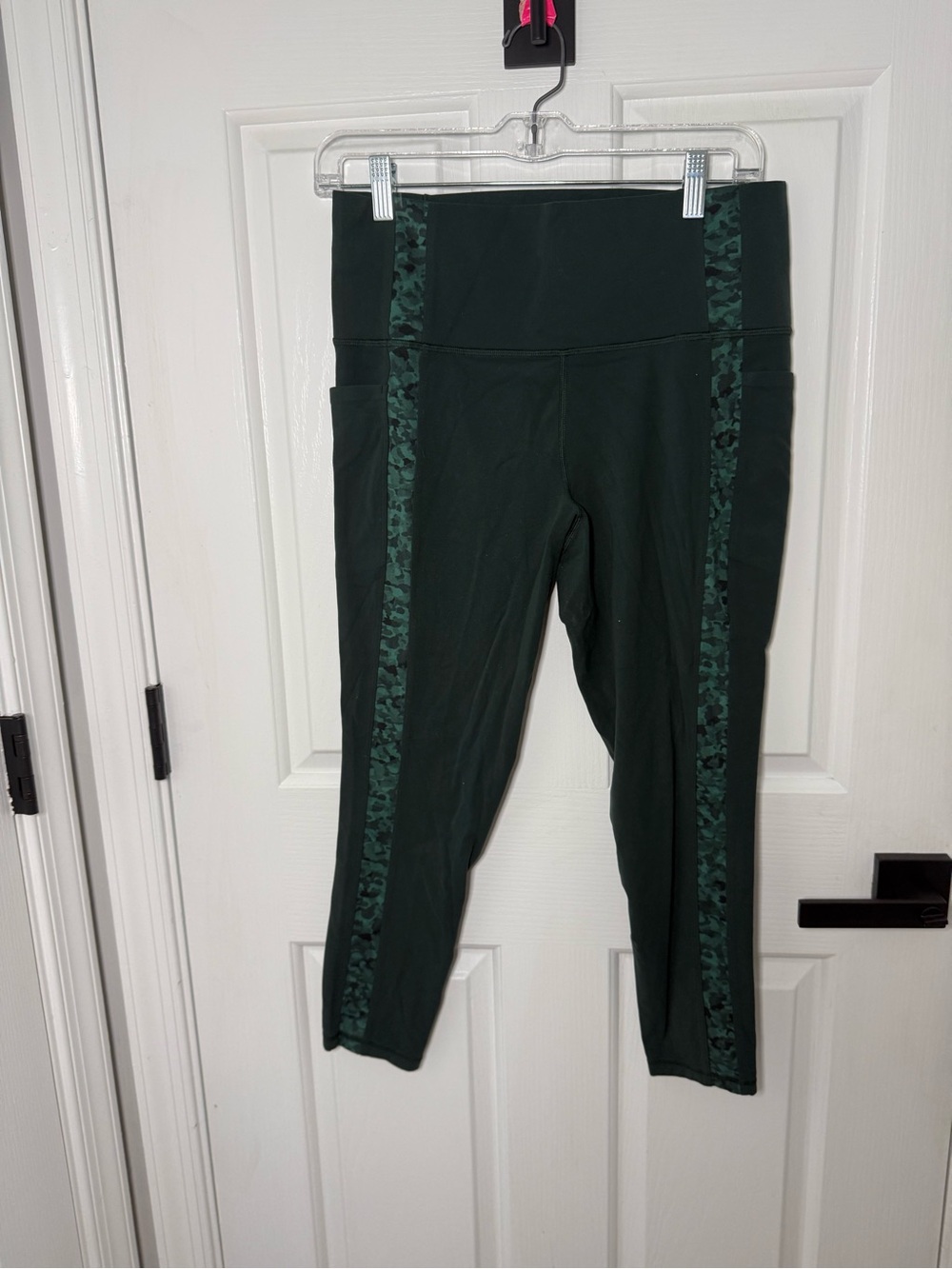 Athleta Forest Green Capri Leggings with camo Side Panels
